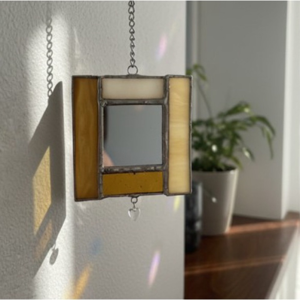 Mini Stained Glass Hanging Mirror with Cream and Gold Accents